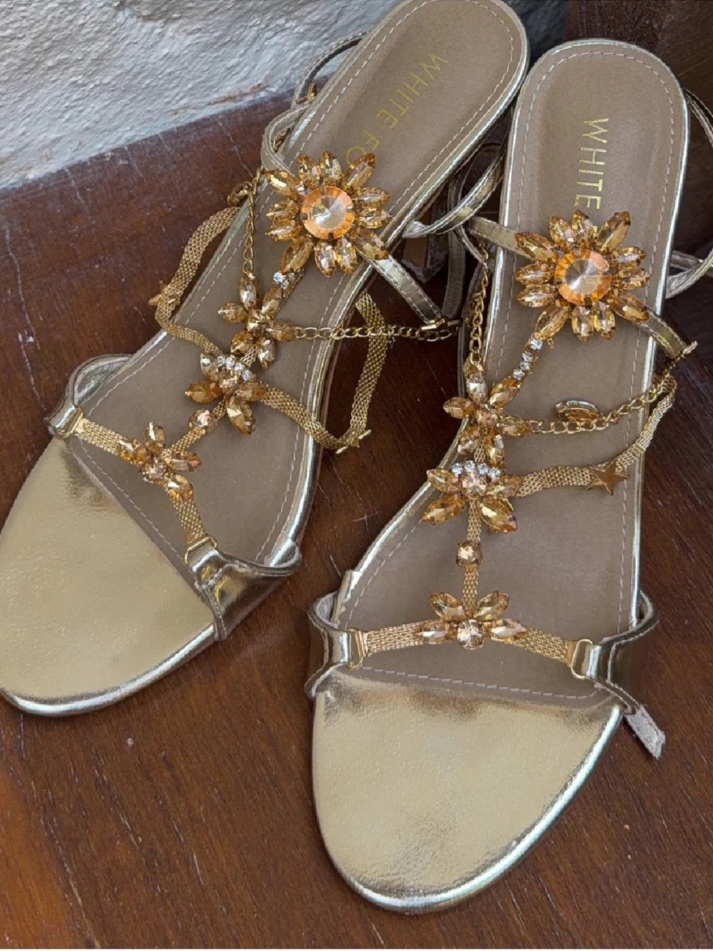 WHITE FOX BOUTIQUE Chaya Gold Embellished Wrap Heel Strappy Heeled Sandals
